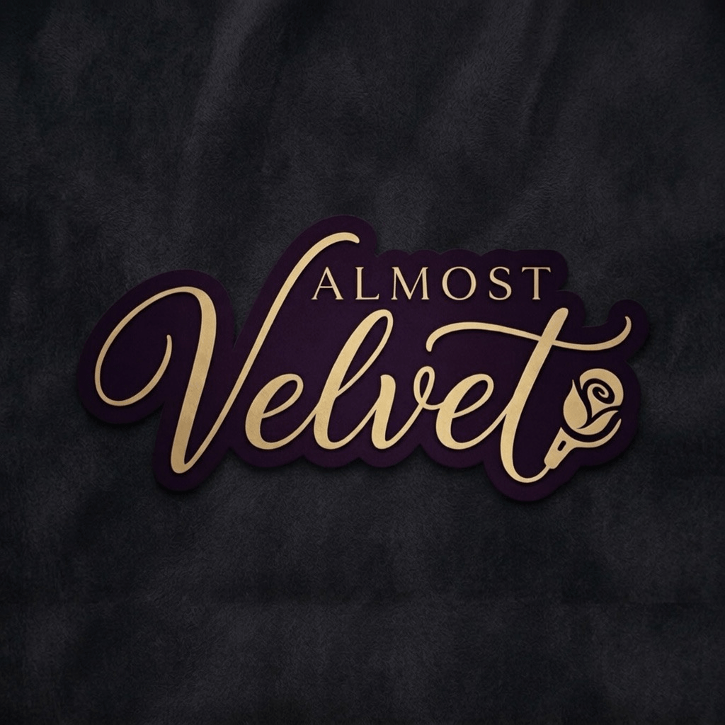 Almost Velvet logo: golden calligraphy and stylized rose-microphone on a dark background